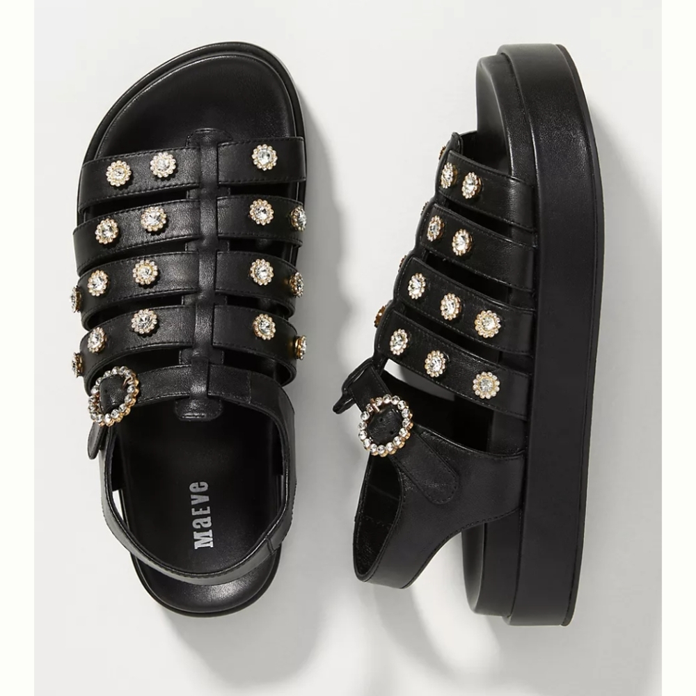 Anthropologie Black leather daisy studded sandals like new- size 40/9.5